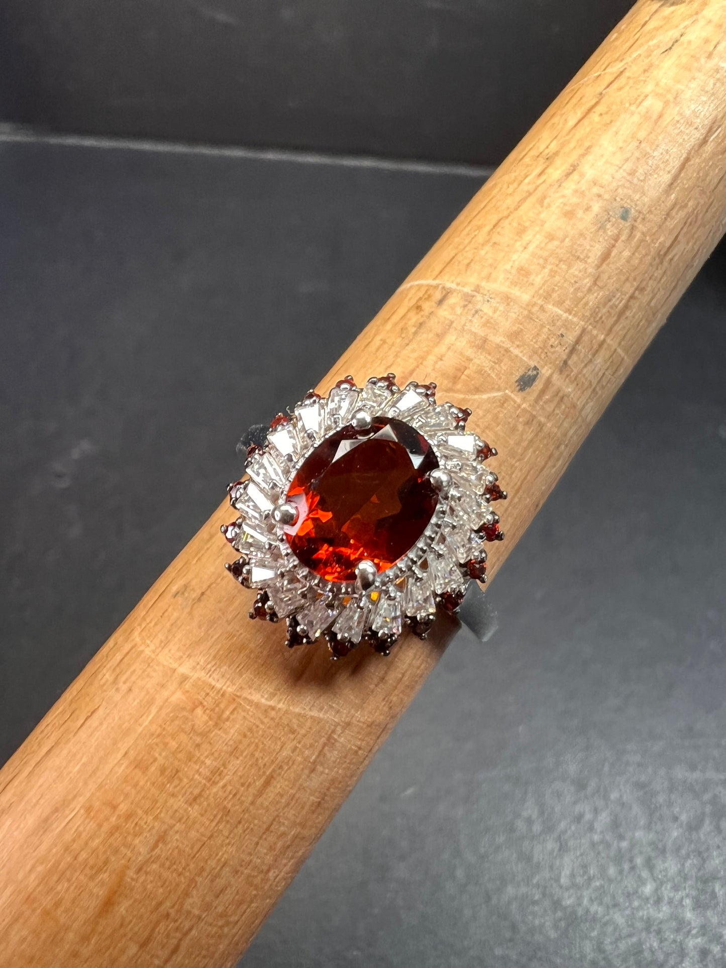 NEW Cherry citrine and Moissanite halo ring in platinum over sterling silver size 8