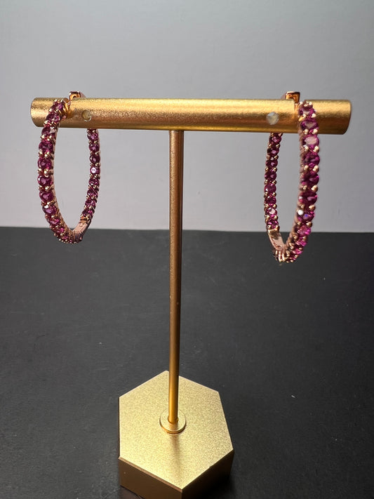 Raspberry rhodolite garnet inside out hoop rose gold over sterling silver earrings