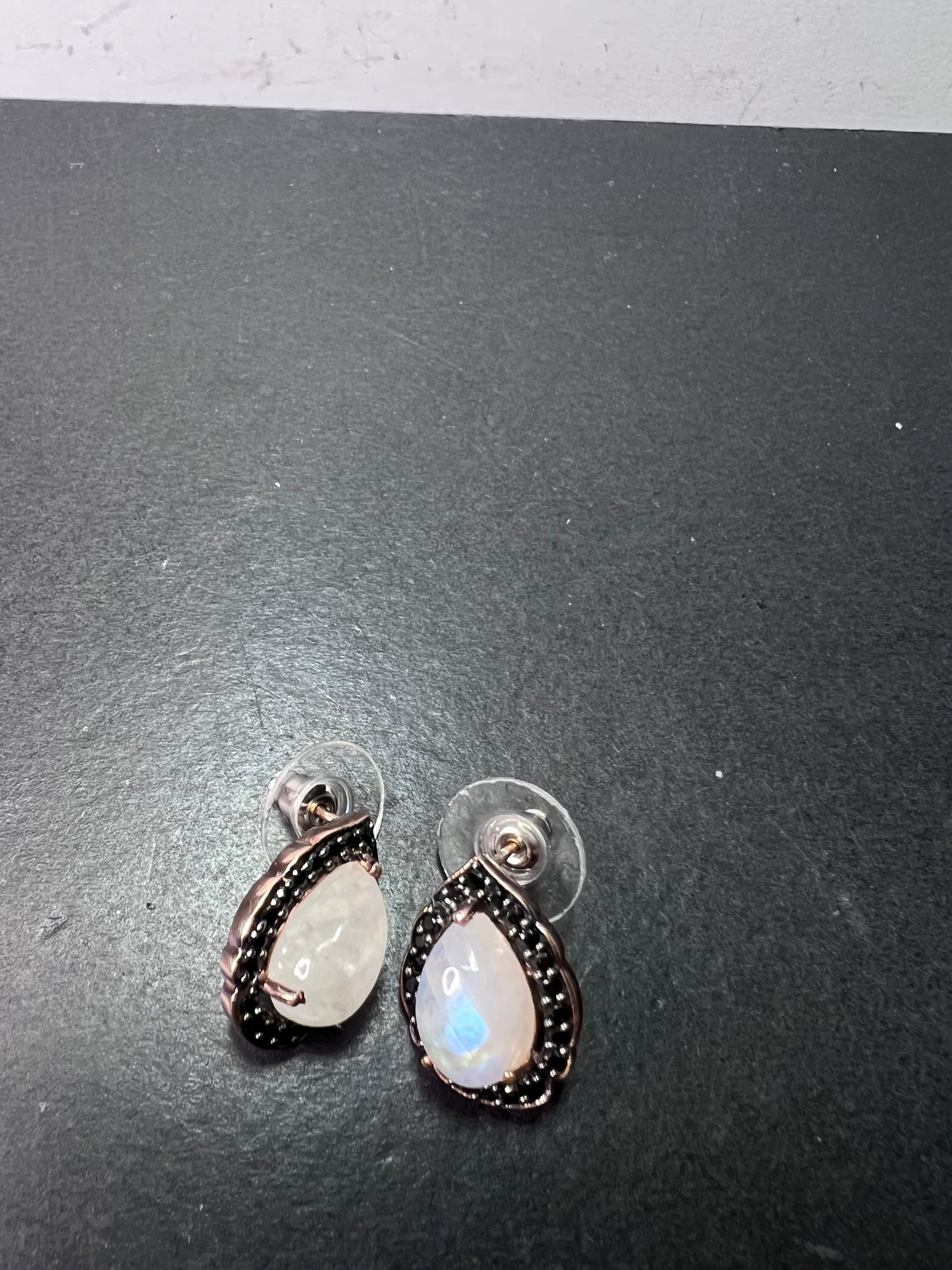 Rainbow moonstone and black spinel tear drop stud halo earrings in rose gold over sterling silver