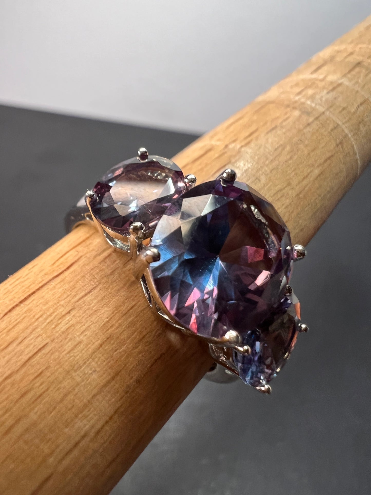 Lab created alexandrite trilogy ring in rhodium over sterling silver size 9