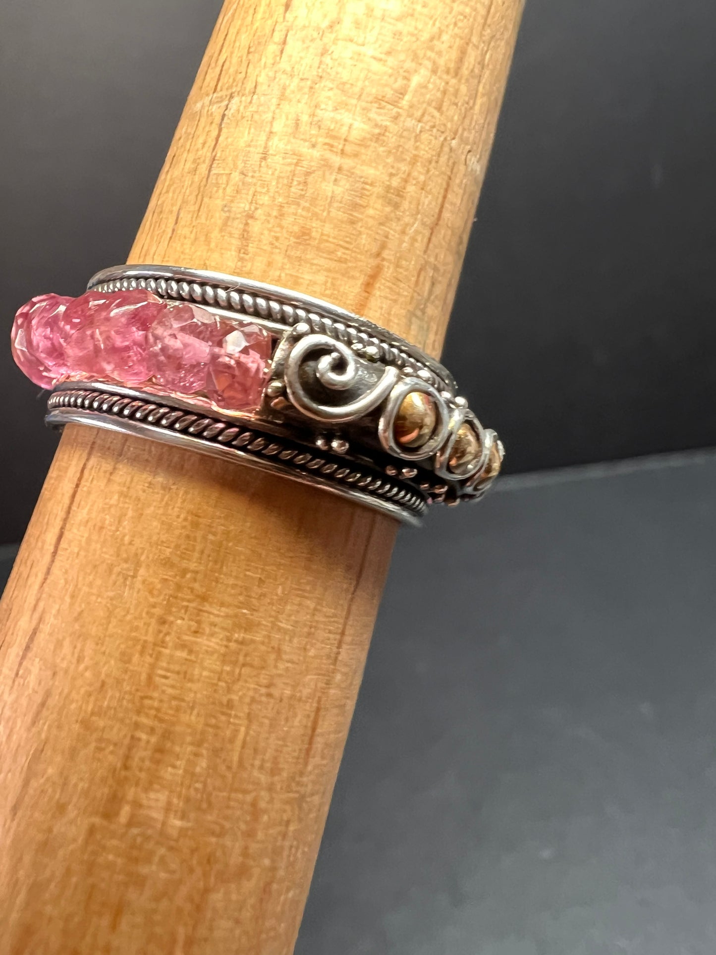 Vintage Suarti pink tourmaline Bali sterling silver 18k gold ring size 9