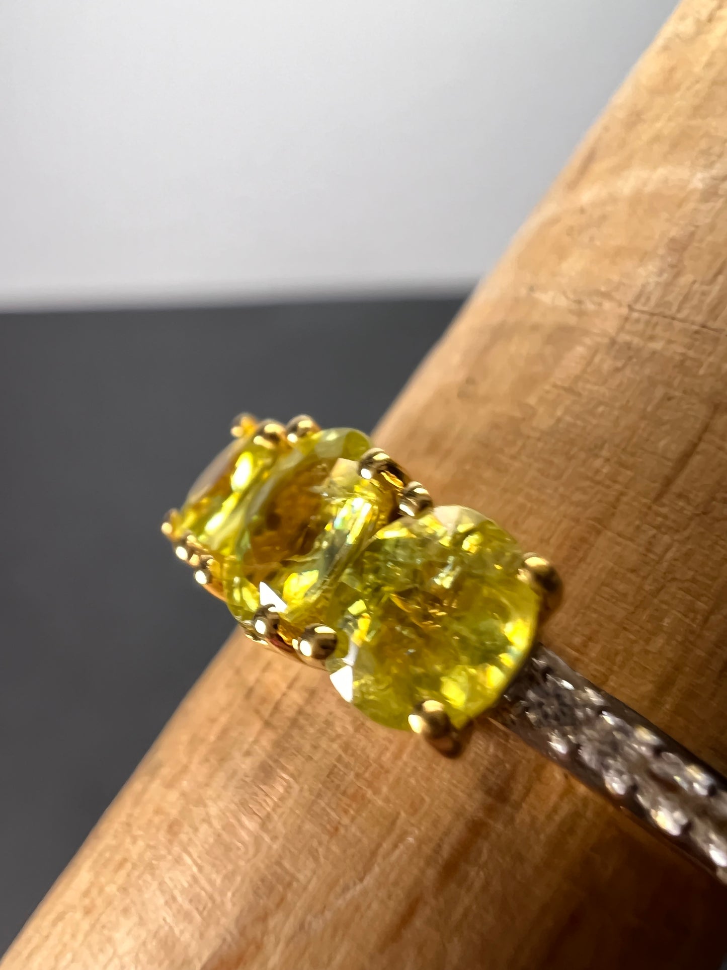 Sava sphene and white zircon triple stone ring in vermeil yellow gold over sterling silver size 8 *NEW*