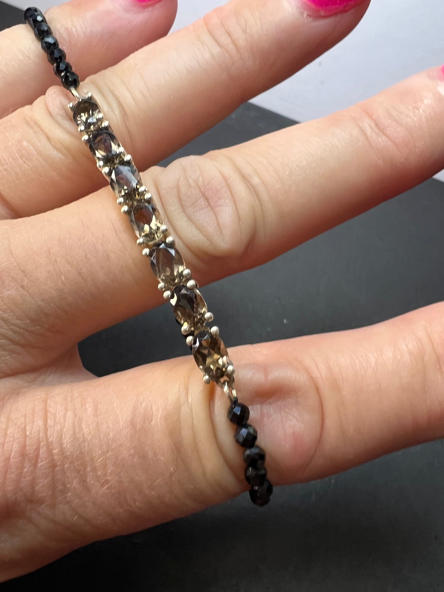 Smoky quartz and black spinel bracelet with sterling clasp