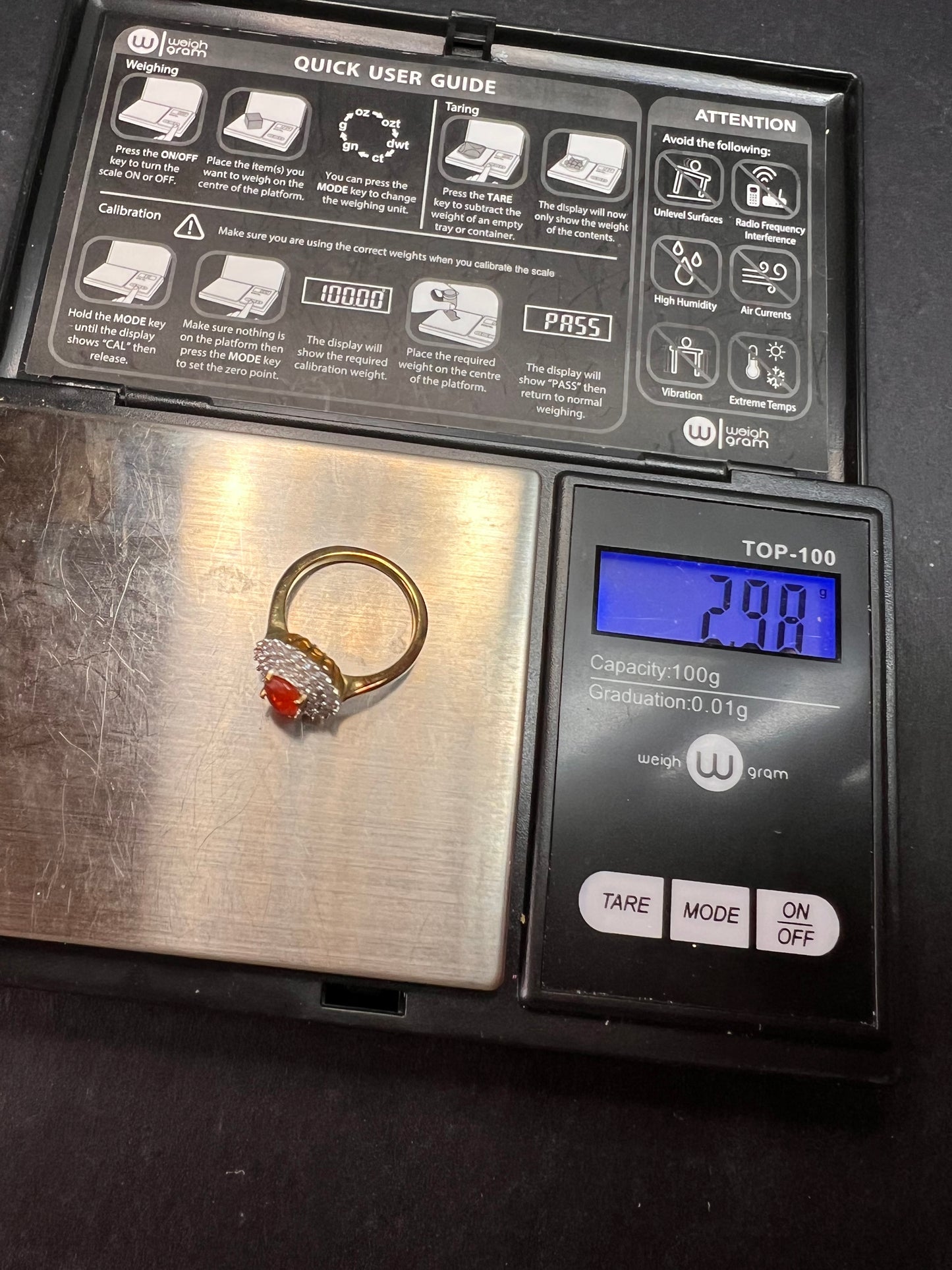 NEW Mexican Cherry fire opal and moissanite double halo ring in vermeil yellow gold over sterling silver size 5