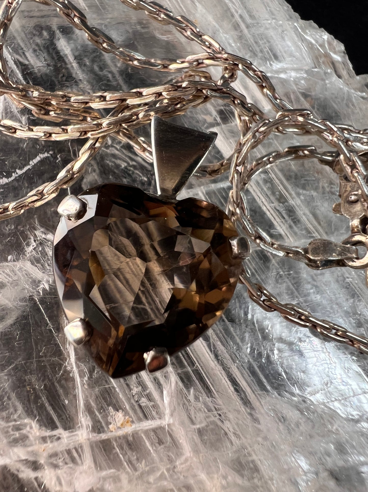 Vintage Smoky Quartz Heart Pendant Necklace Sterling Silver 20”