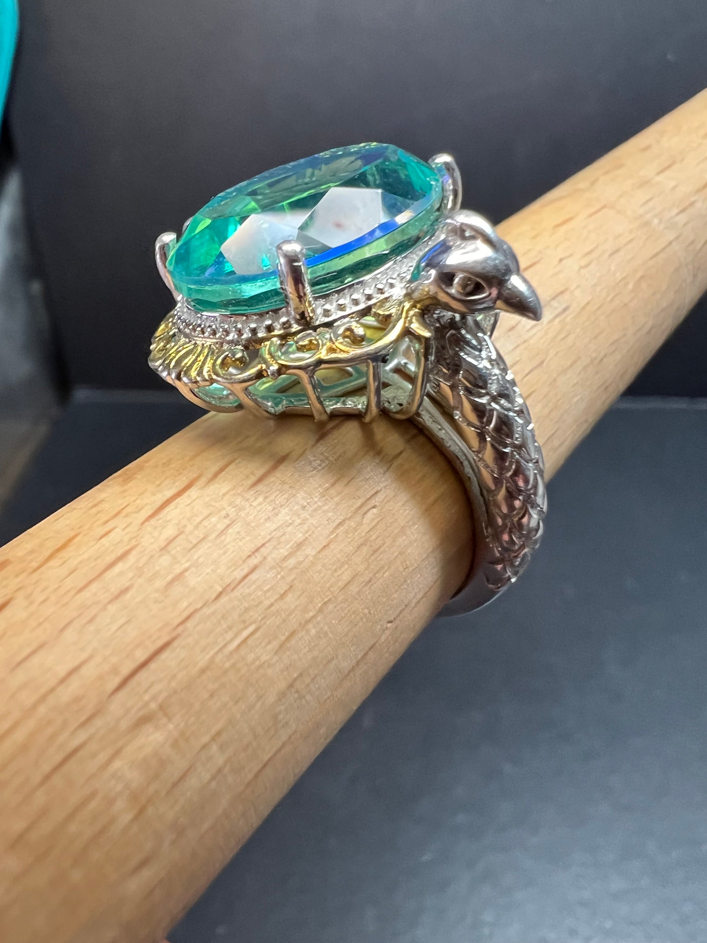Sterling Silver Peacock Quartz Statement Ring Size 9