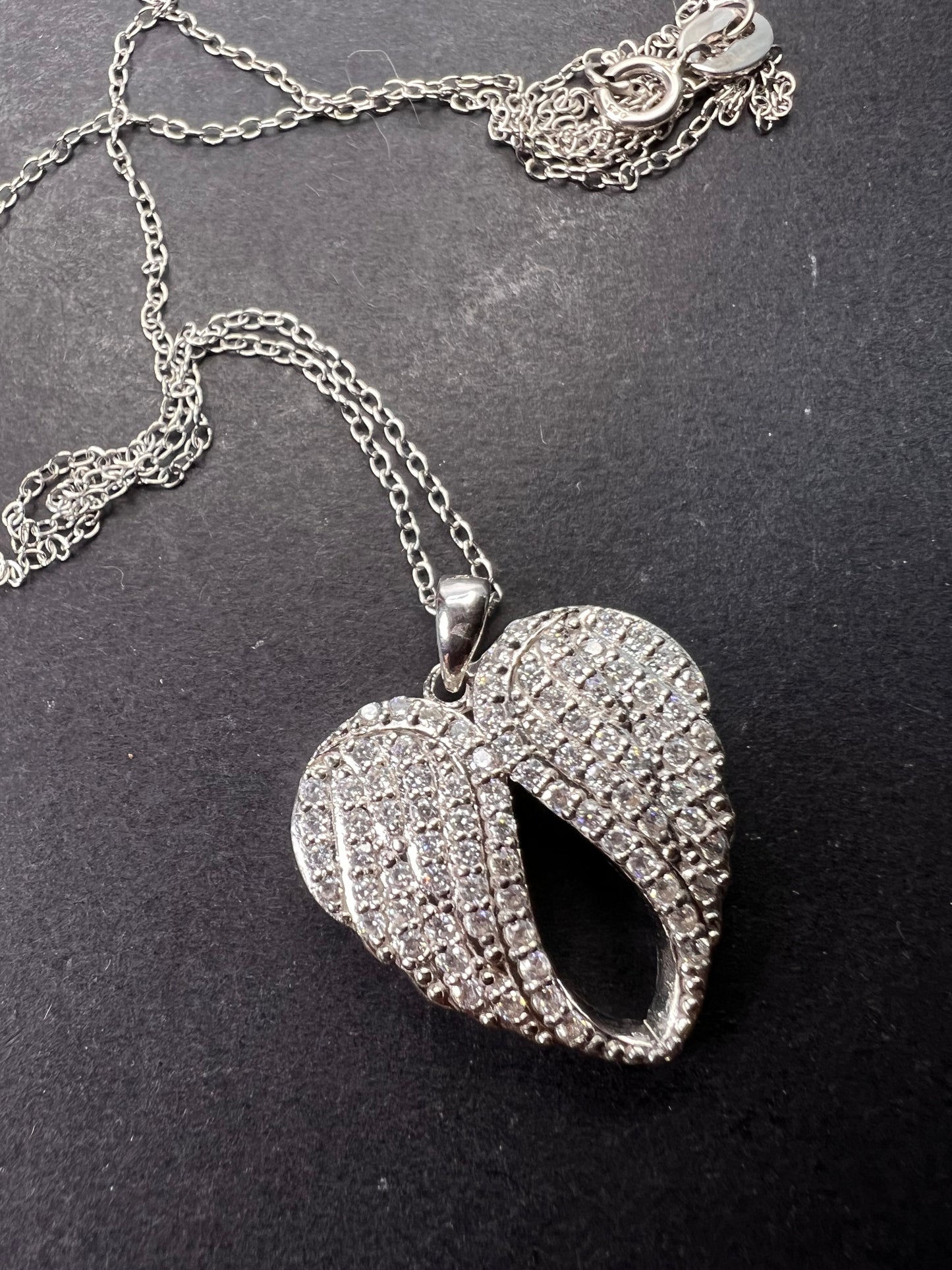 Angel wings CZ heart pendant and chain sterling silver necklace