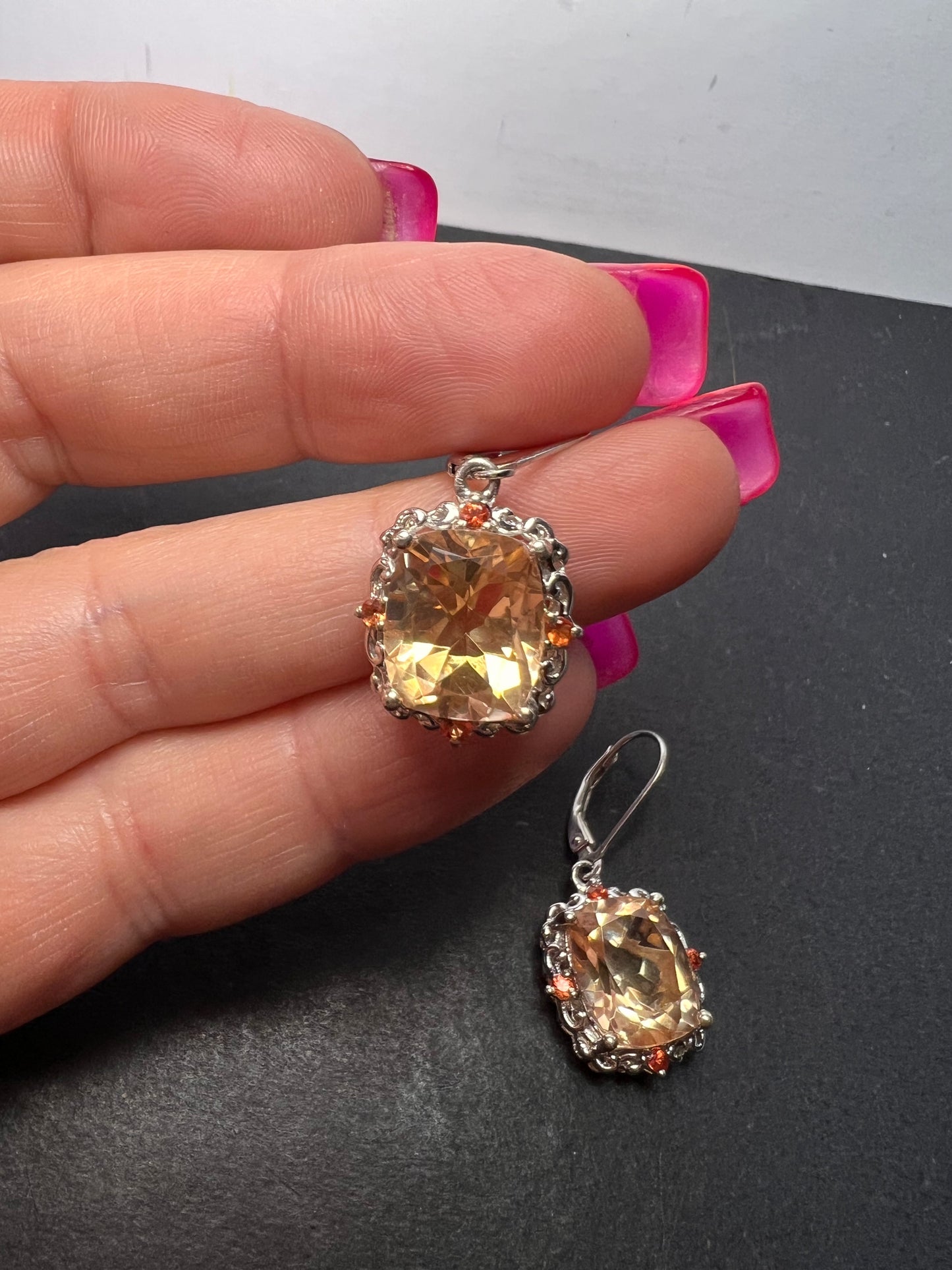 Morganite quartz and orange spinel sterling silver lever back earrings OOP