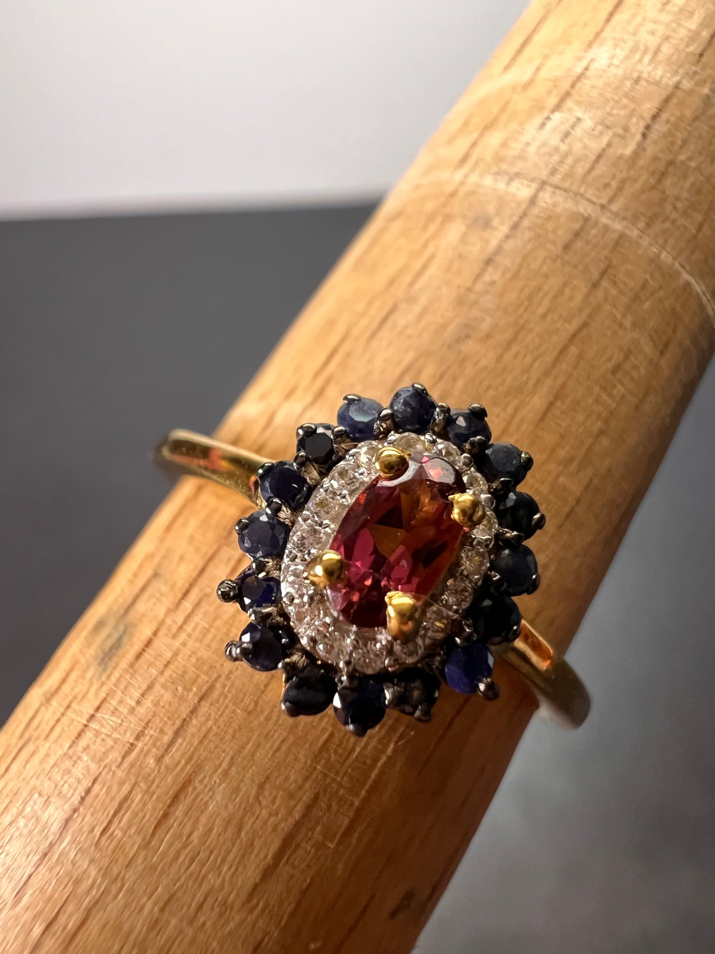 Ofiki rubellite and blue sapphire double halo ring in vermeil yellow gold over sterling silver size 8