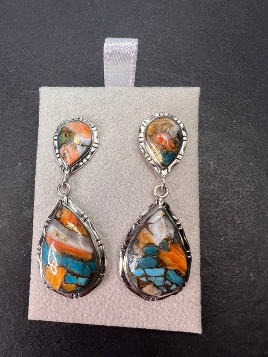 Southwest style blended turquoise and spiny oyster sterling silver teardrop earrings *NEW*