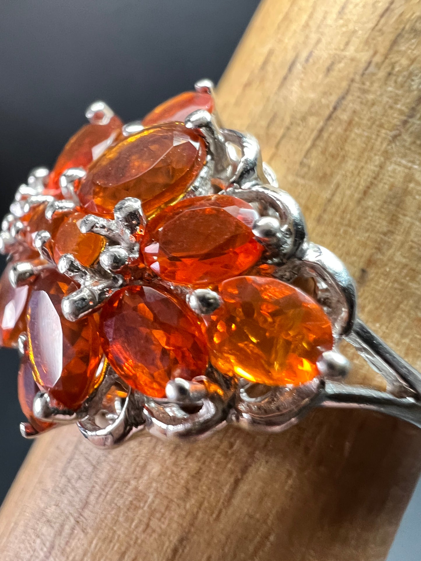 Vintage Sterling Silver Mexican Fire Opal Floral Cluster Ring Sz 9