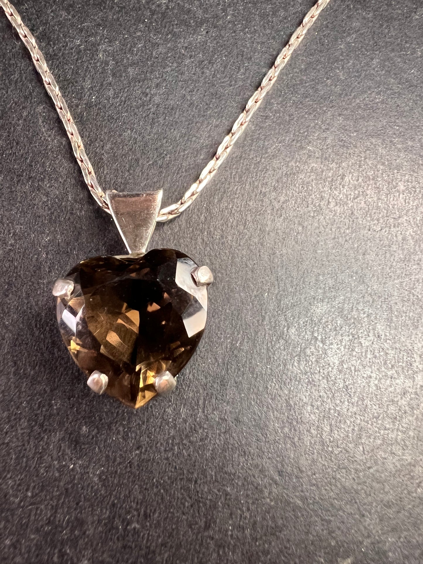 Vintage Smoky Quartz Heart Pendant Necklace Sterling Silver 20”