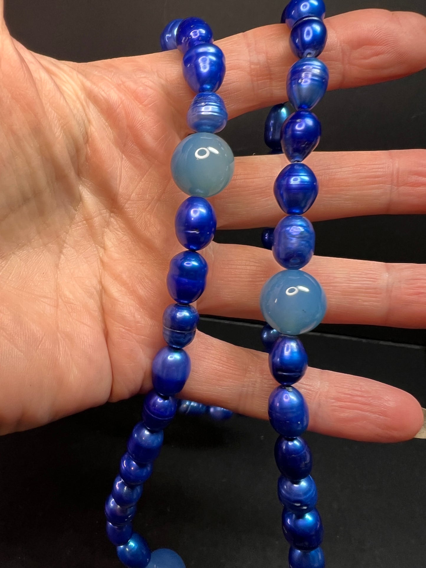 NEW blue freshwater pearls and agate 32 inch necklace with sterling silver clasp