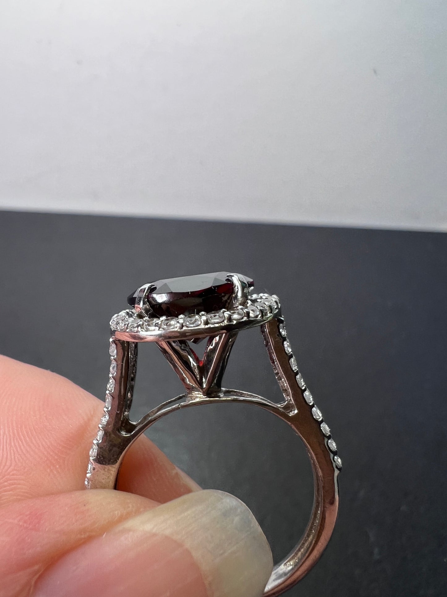 Garnet and zircon sterling silver halo ring size 9