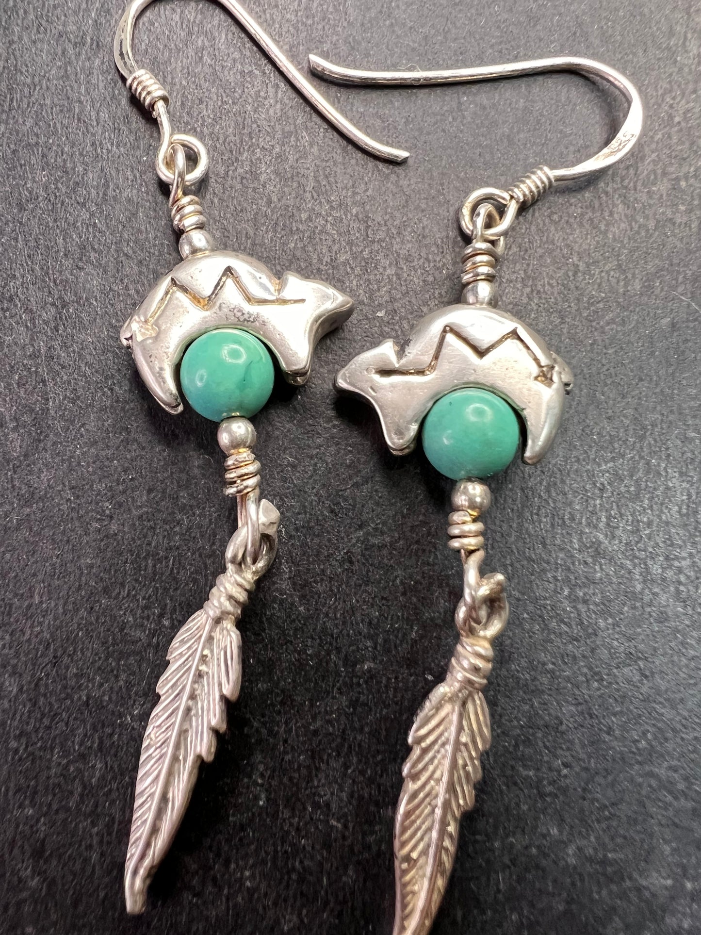 Vintage Sterling Silver Turquoise Earrings – Bear & Feather Motif