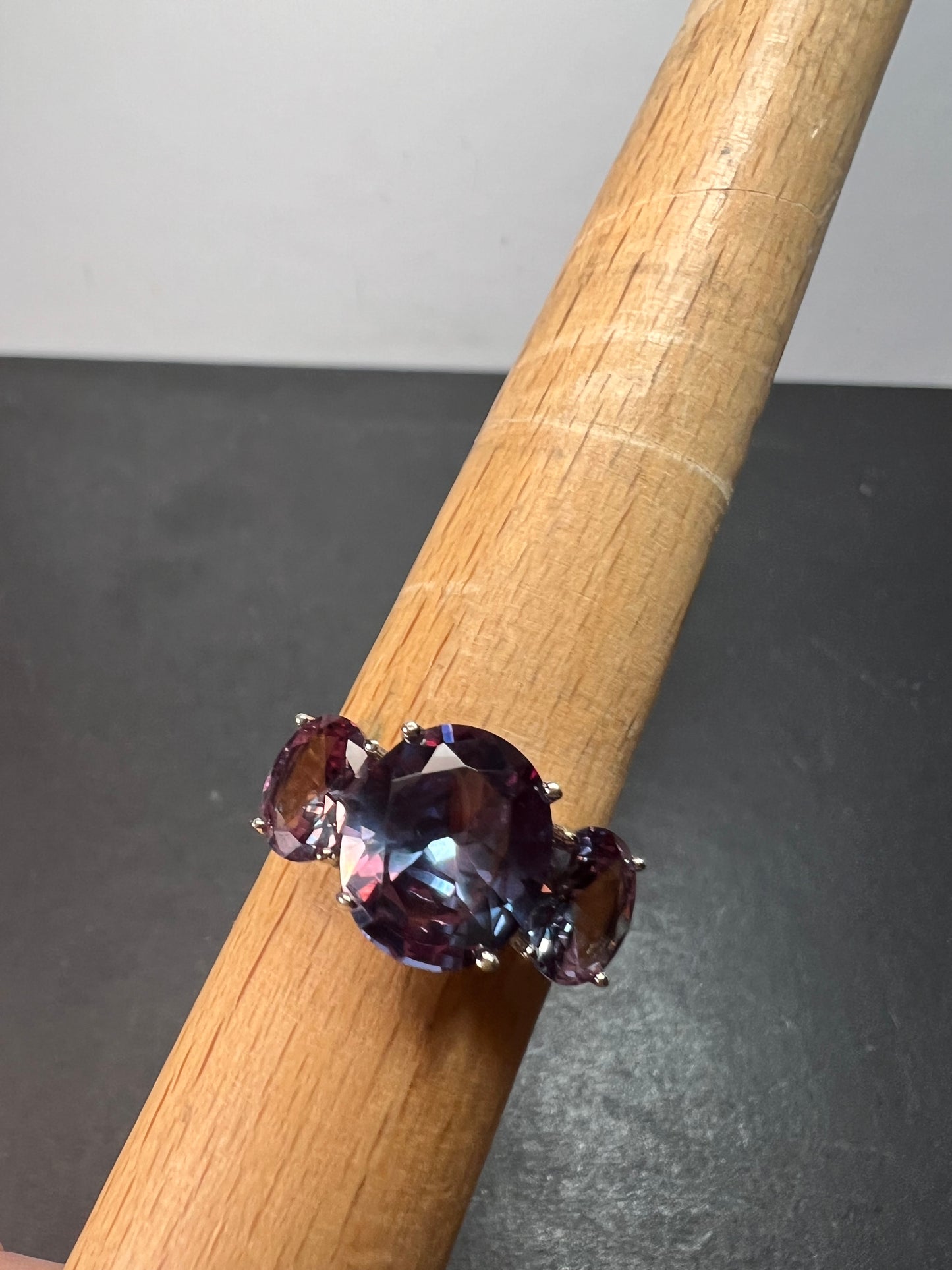 Lab created alexandrite trilogy ring in rhodium over sterling silver size 9