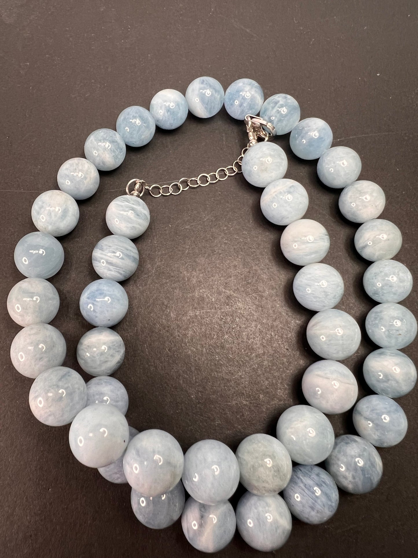 11mm Aquamarine beaded necklace with sterling silver clasp