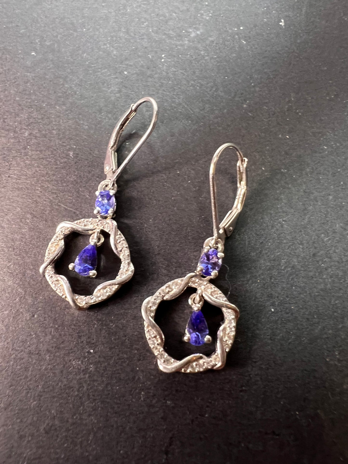 Tanzanite and diamond sterling silver drop earrings