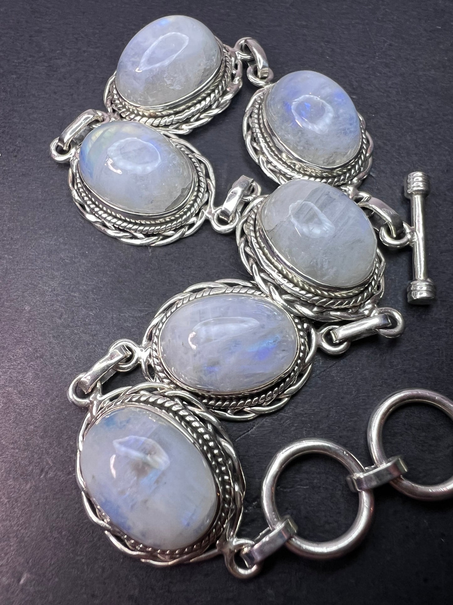 Rainbow moonstone and Bali style sterling silver toggle bracelet with extender