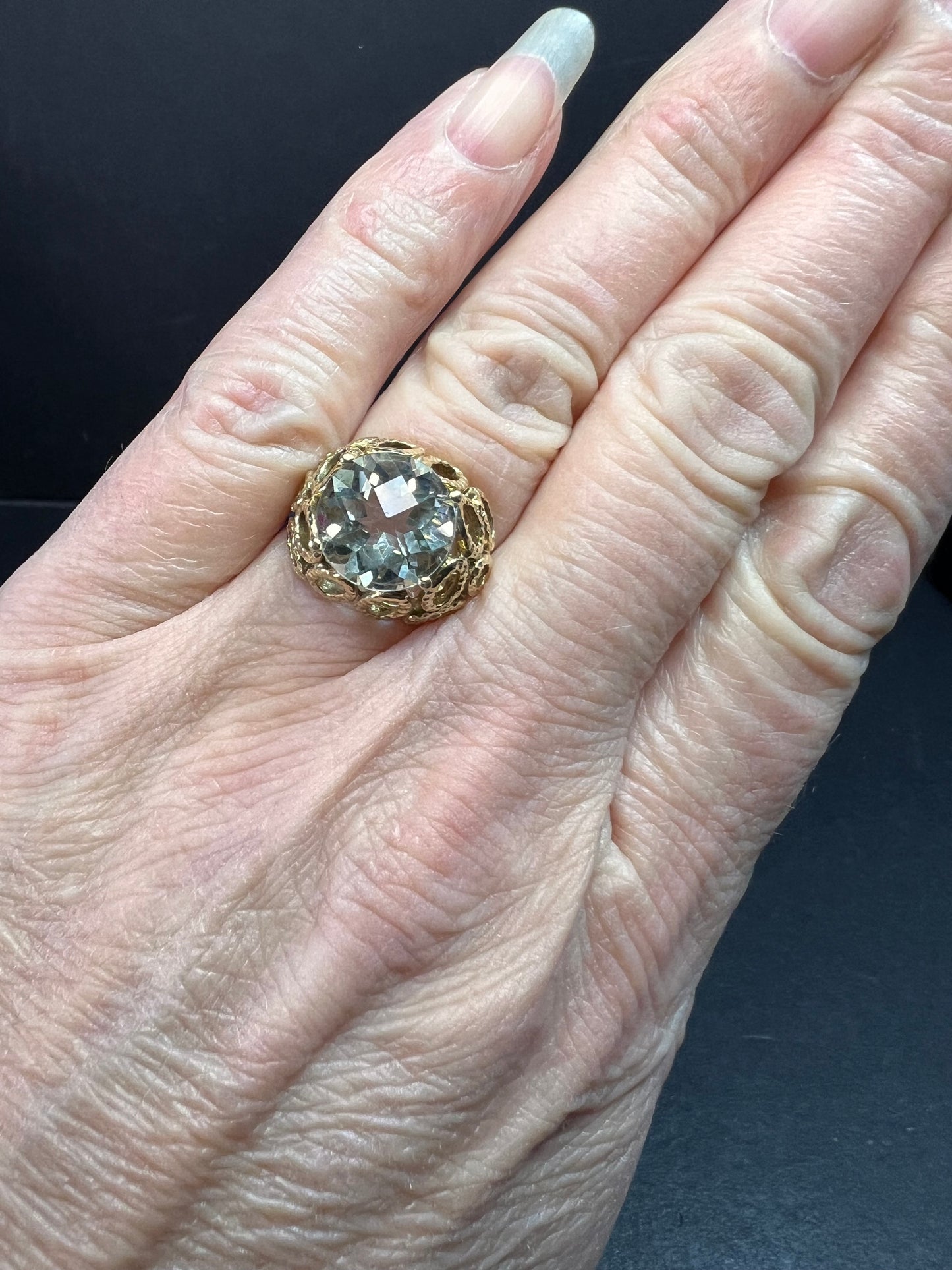 Vintage 10K Yellow Gold Prasiolite (Green Amethyst) Filigree Statement Ring Size 7