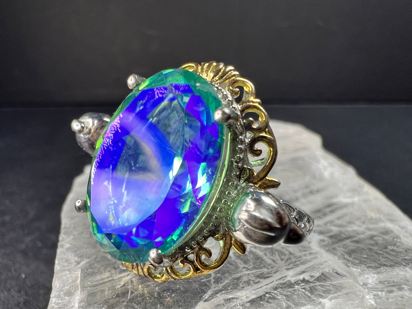 Sterling Silver Peacock Quartz Statement Ring Size 9