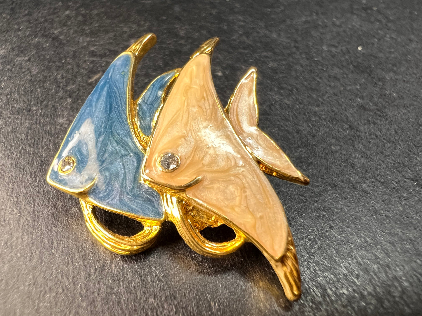 Vintage MCJ Signed Exotic Fish Gold Tone Brooch Pin - Rhinestones, Enamel