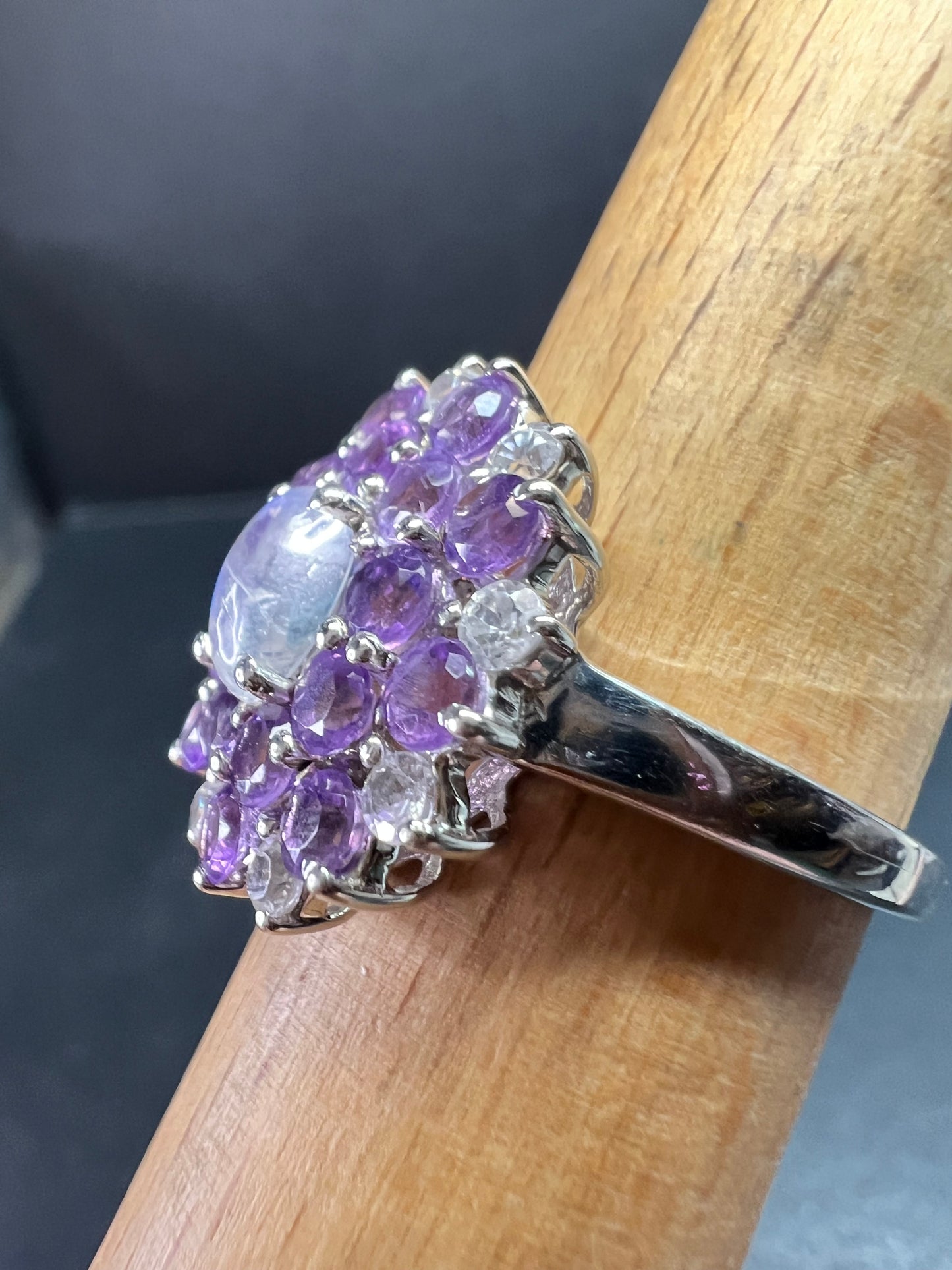 Rainbow Moonstone Amethyst White Topaz Sterling Ring Sz 9