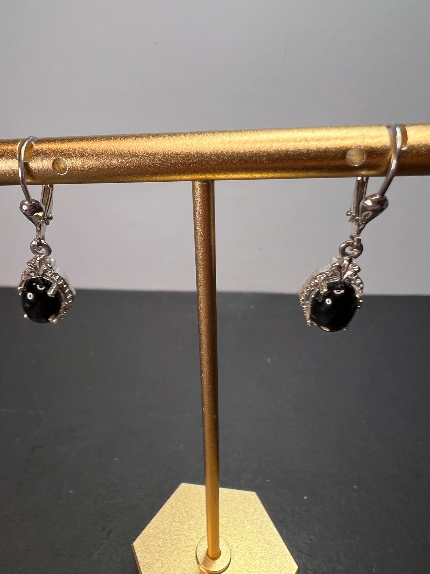 Black star sapphire sterling silver leverback earrings