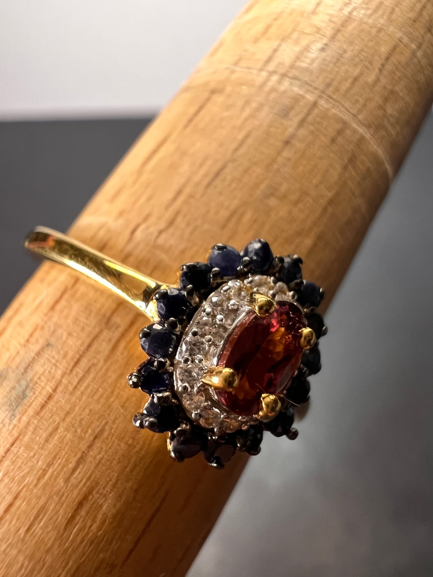 Ofiki rubellite and blue sapphire double halo ring in vermeil yellow gold over sterling silver size 8