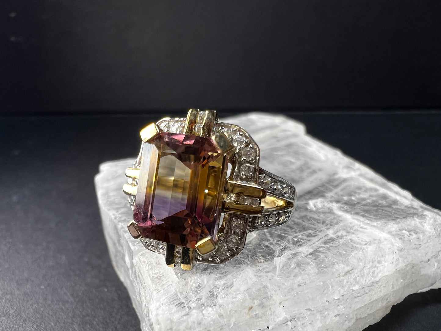 Vintage Ametrine Emerald Cut Ring Gold Over Sterling White Zircon Size 7