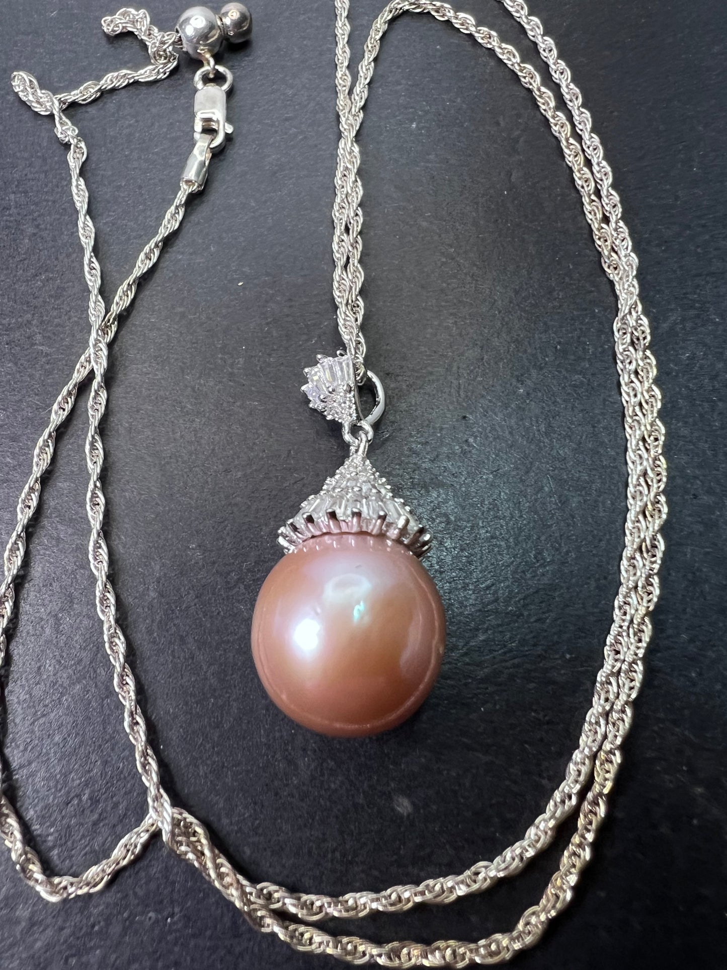 Pink cultured pearl and CZ sterling silver pendant with 24 inch slider chain