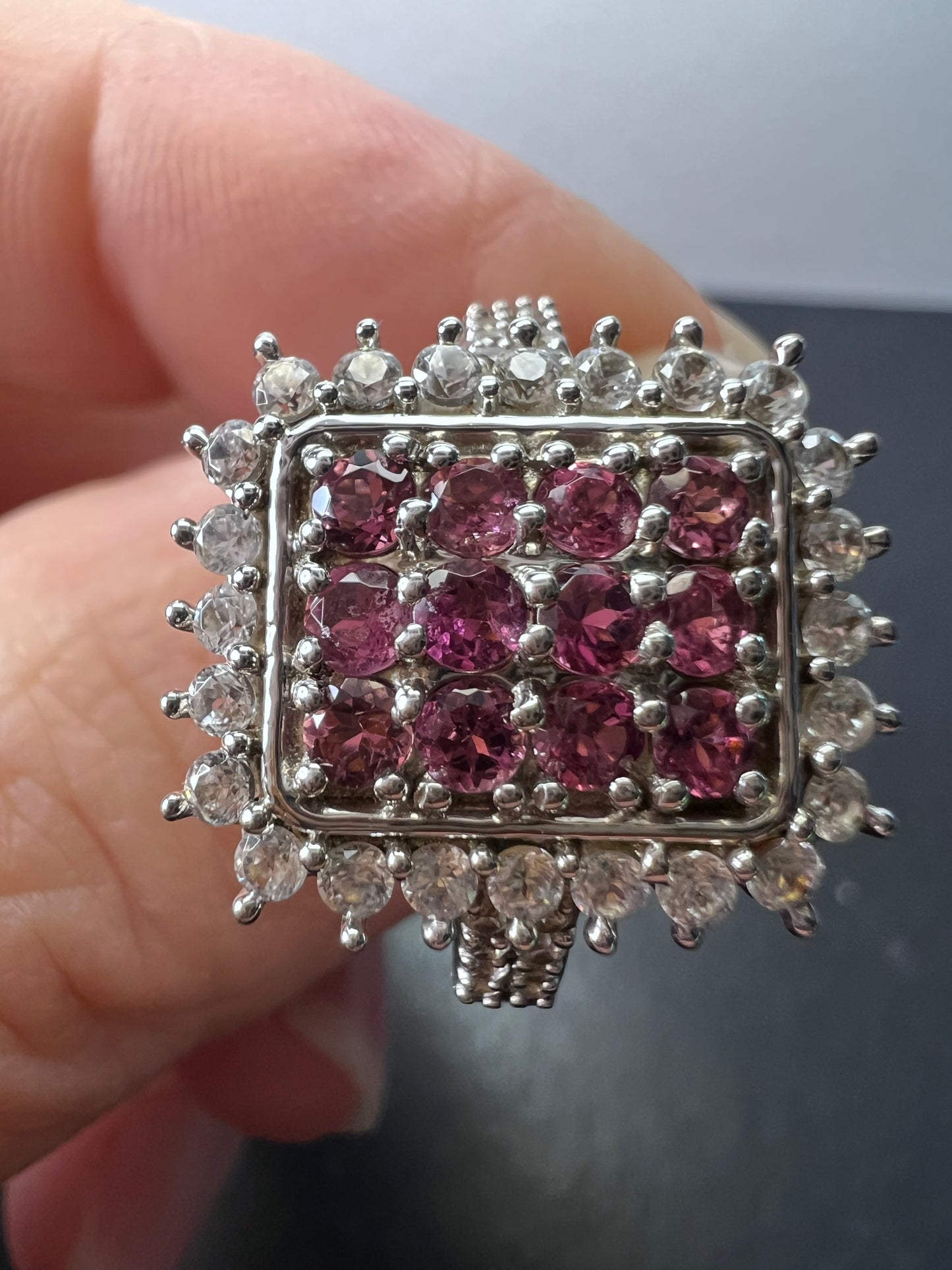 Pink tourmaline and white topaz sterling silver cluster ring size 9