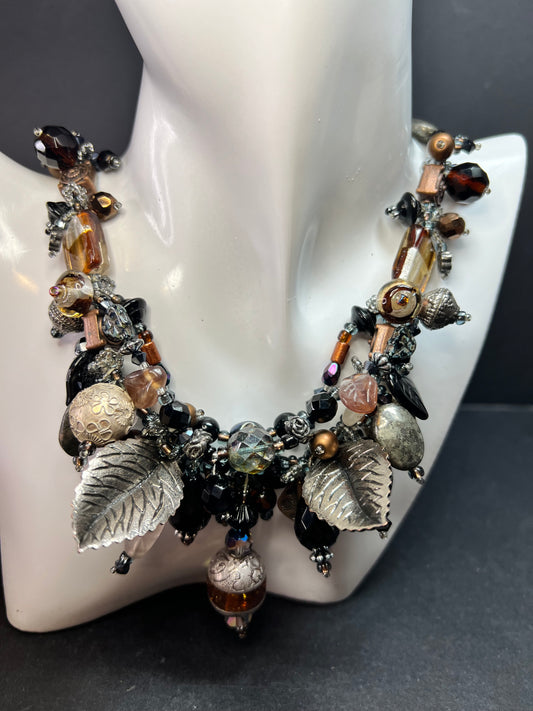 Artisan Copper Wire Necklace Glass Onyx Pyrite Amber Pearl 17”