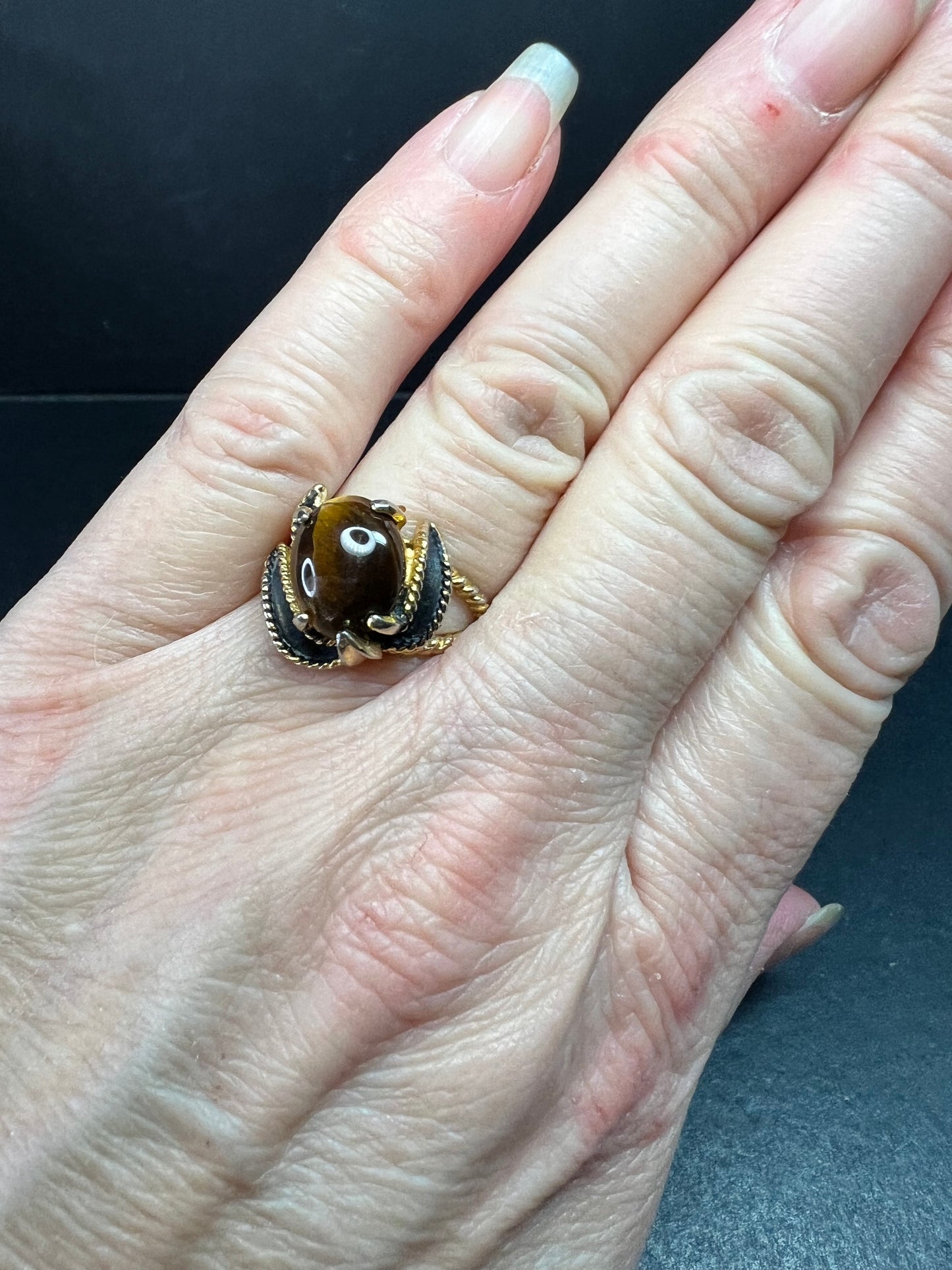 Vintage Espo Tiger’s Eye Ring Size 7.5 18K HGF Gold Filled Statement