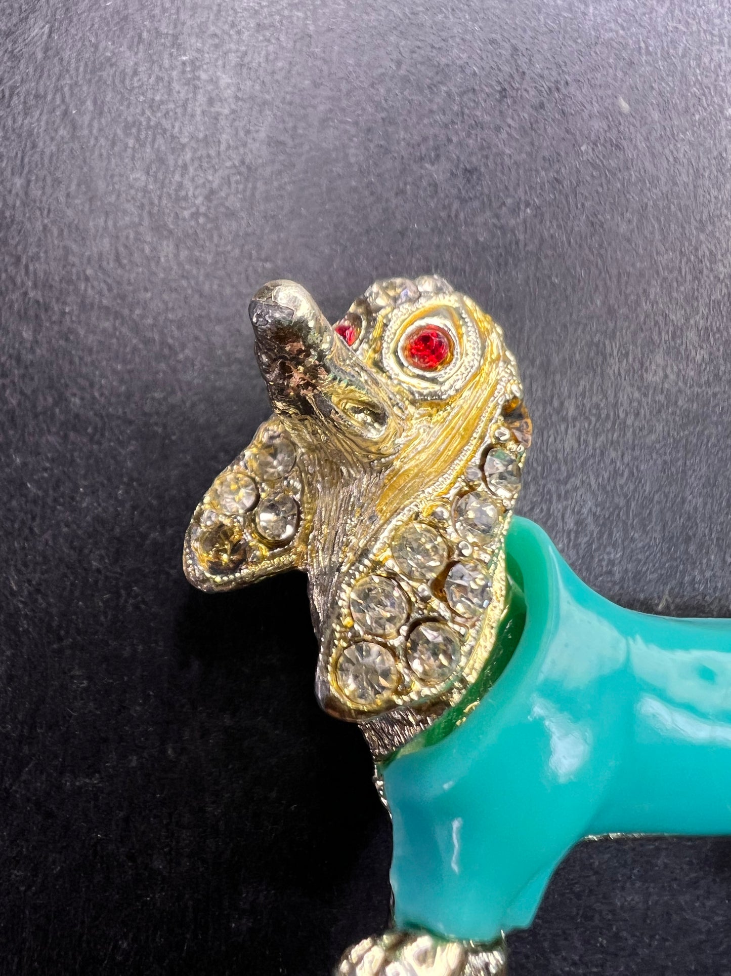 Vintage Gold Tone Dachshund Brooch Turquoise Lucite Rhinestones