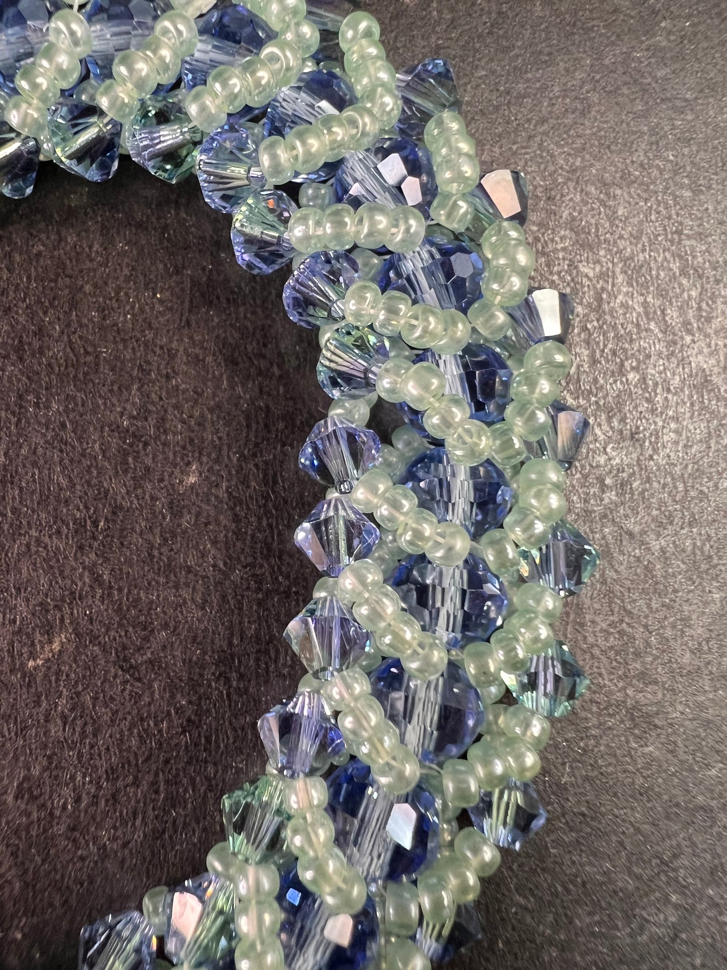 Vintage Blue & Green Crystal Beaded Chevron Braid Toggle Bracelet Y2K