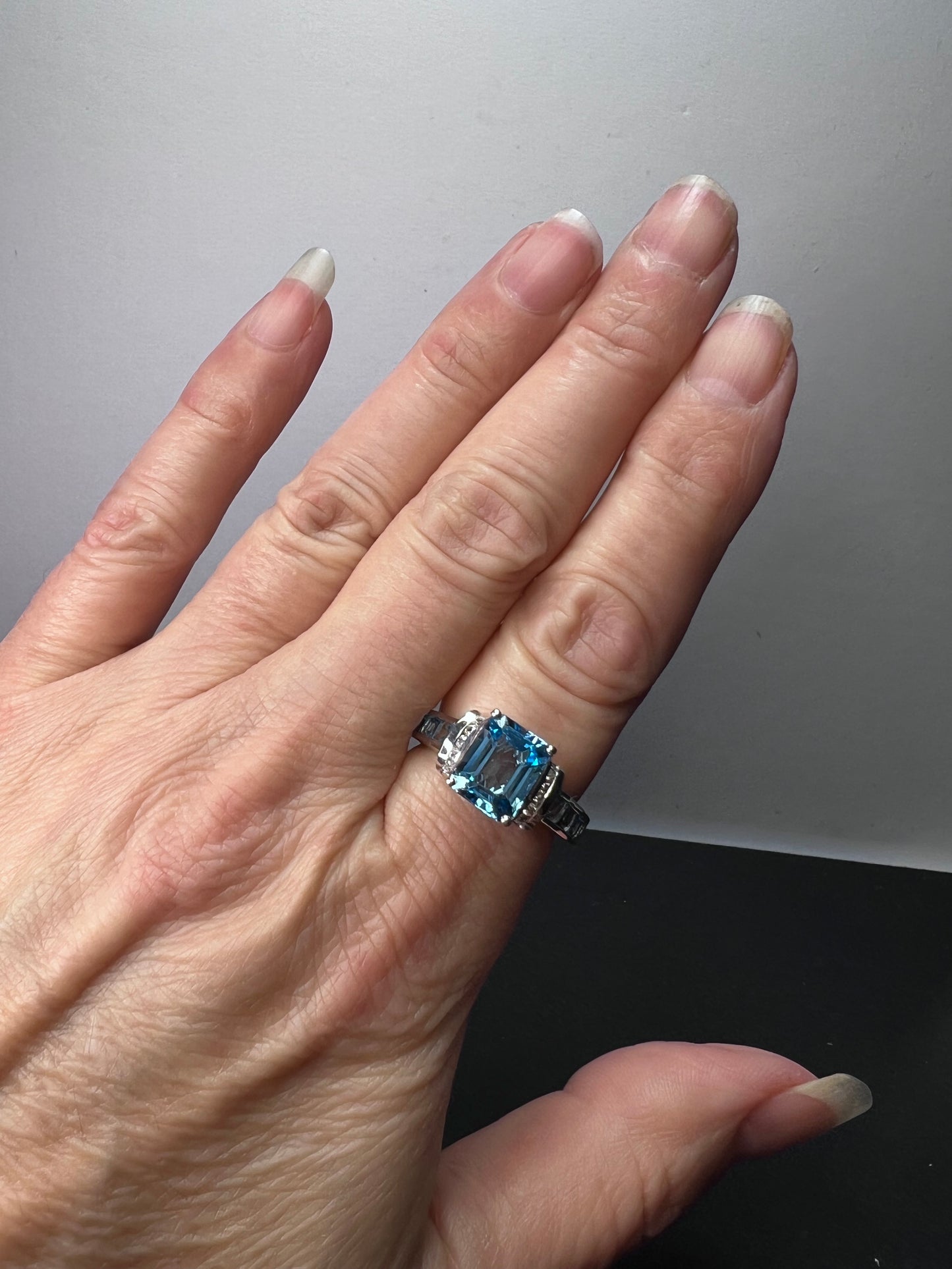 Blue and white topaz sterling silver ring size 9