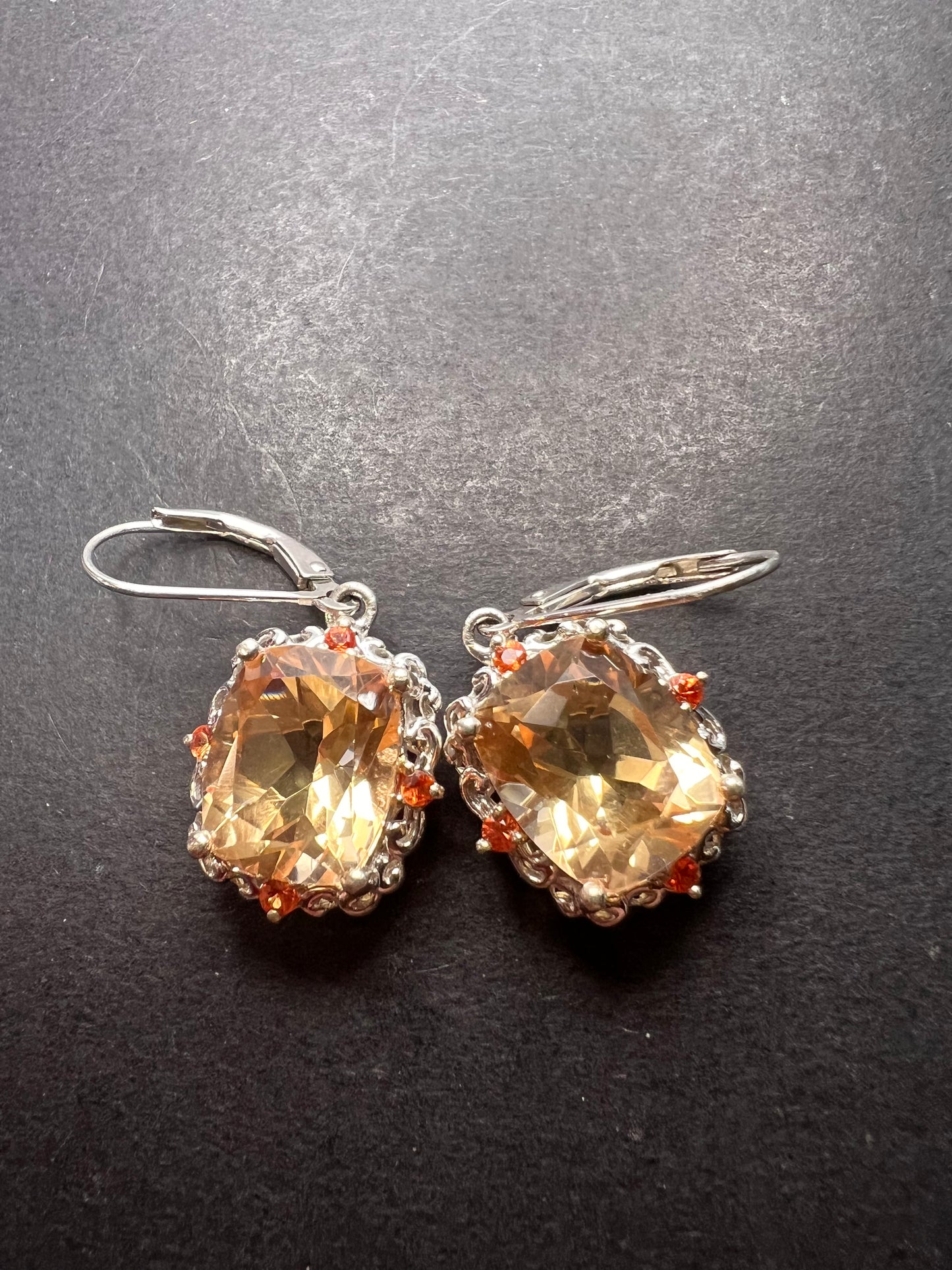 Morganite quartz and orange spinel sterling silver lever back earrings OOP