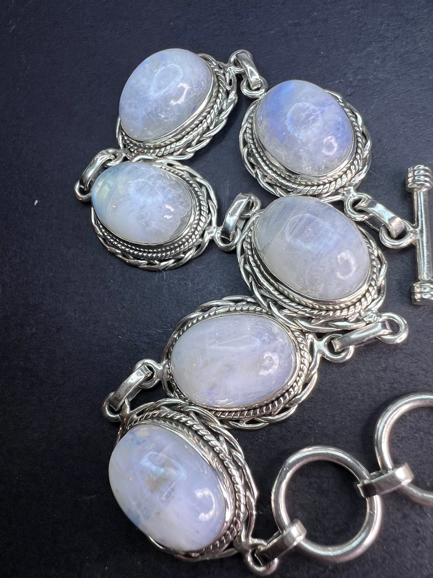 Rainbow moonstone and Bali style sterling silver toggle bracelet with extender