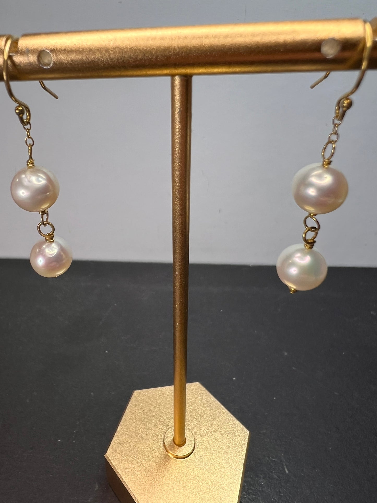 White cultured pearl dangle earrings in gold over sterling silver *NEW*