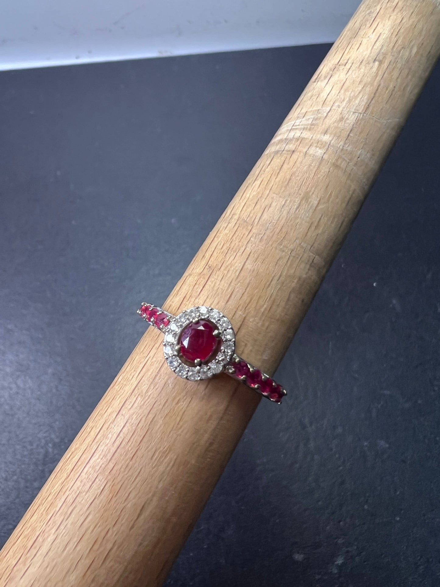 Ruby and zircon sterling silver halo ring size 9