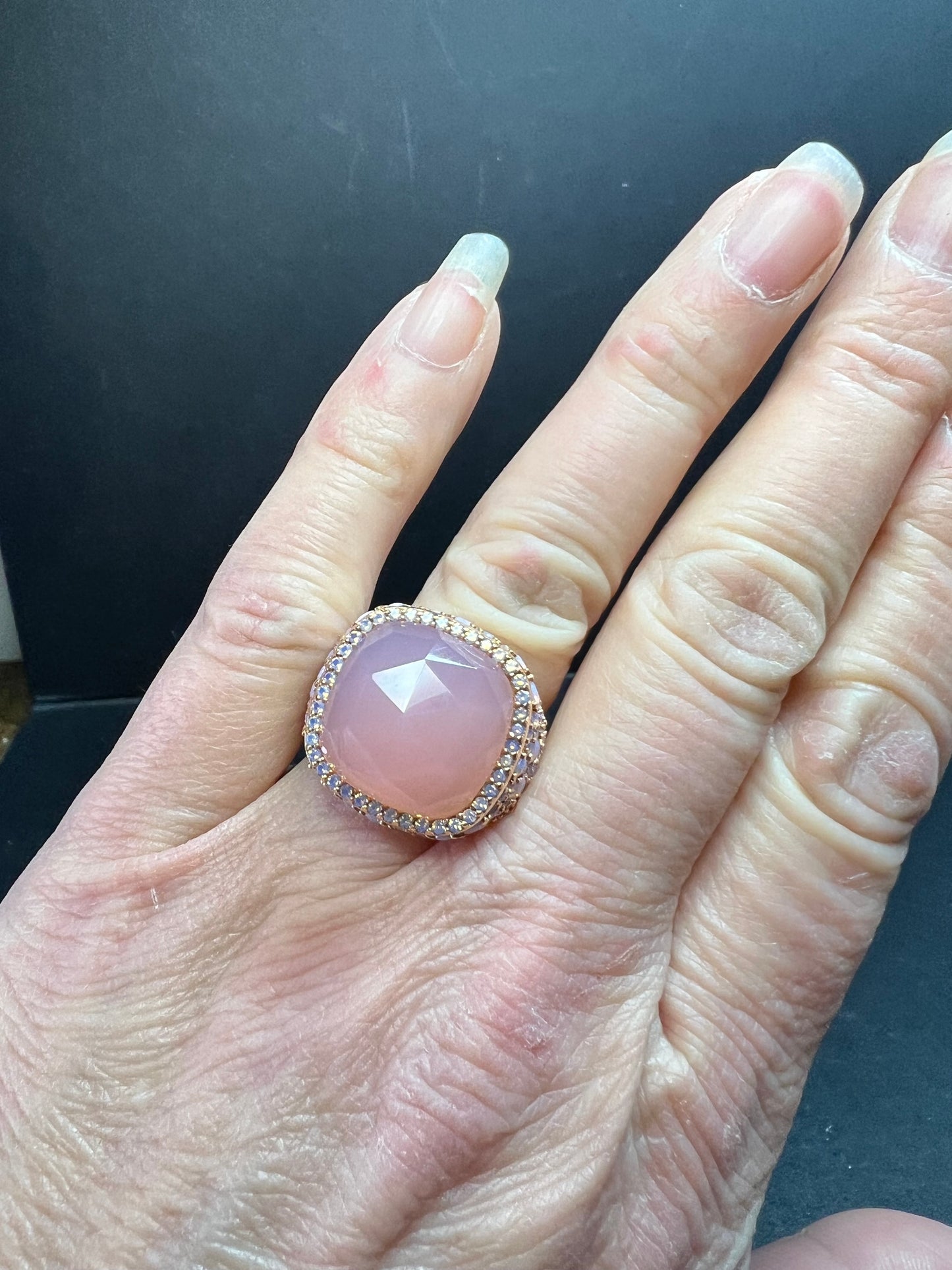 Pink Chalcedony Statement Ring 18K Rose Gold Plated Size 7.5 NWT