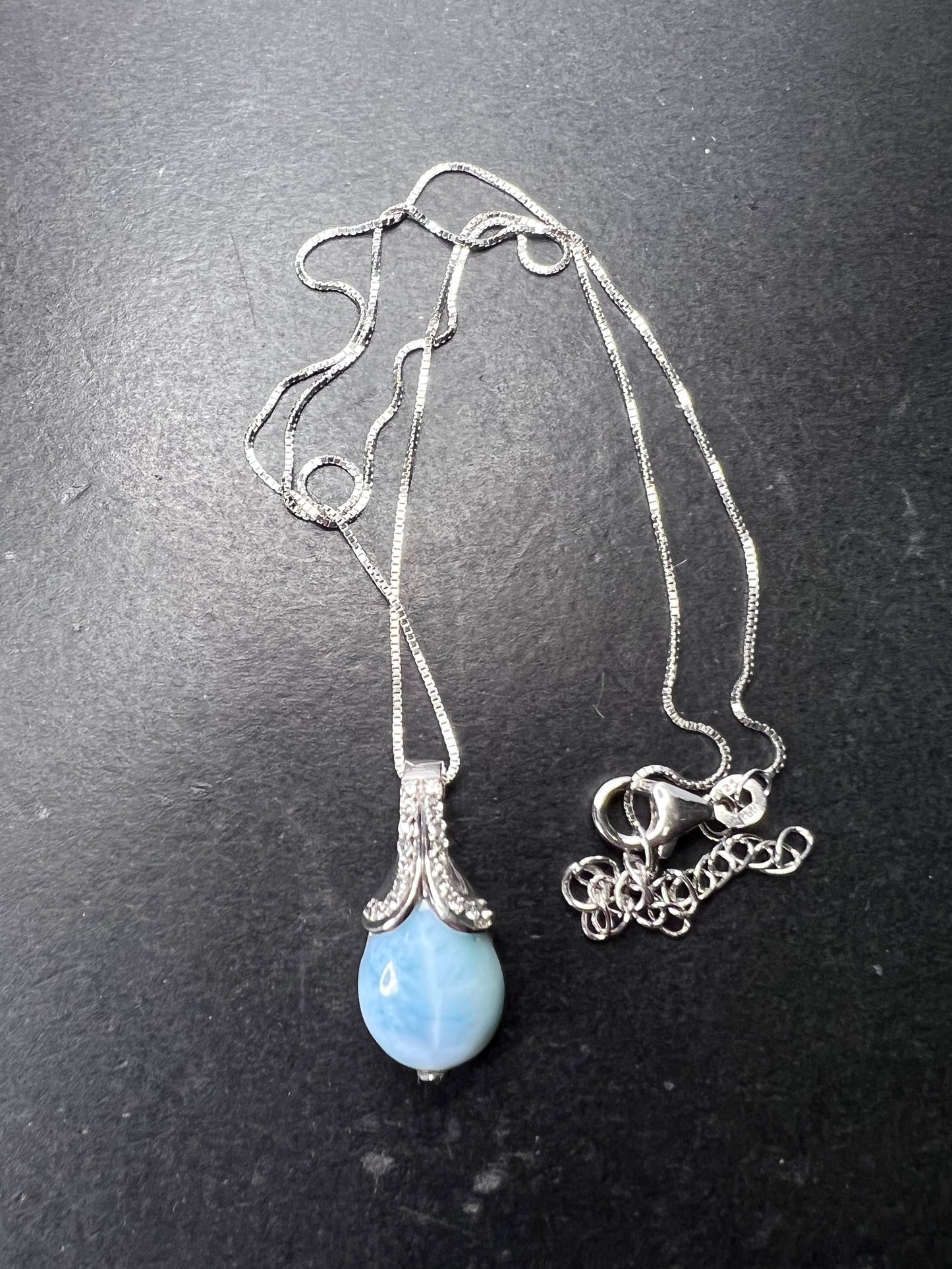 Larimar tear drop sterling silver pendant with 18 inch chain necklace