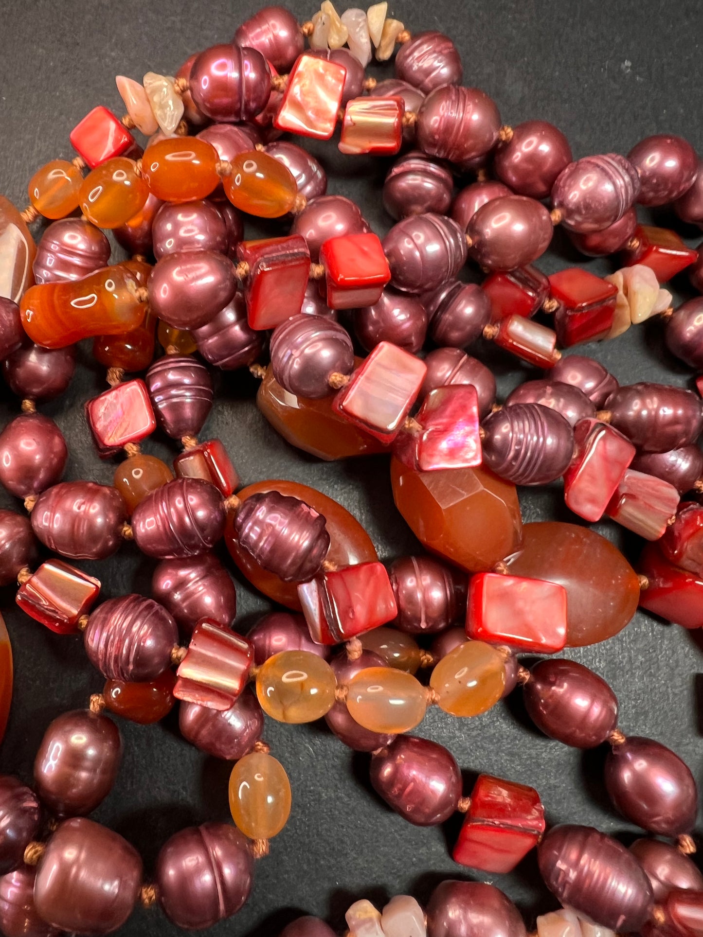 NEW carnelian and freshwater pearl multi strand necklace with sterling silver clasp