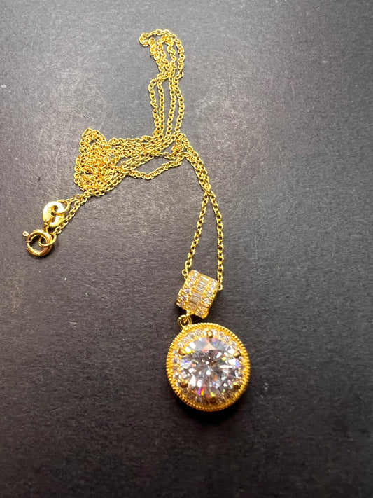 Signed FZN gold over Sterling CZ halo pendant and chain necklace