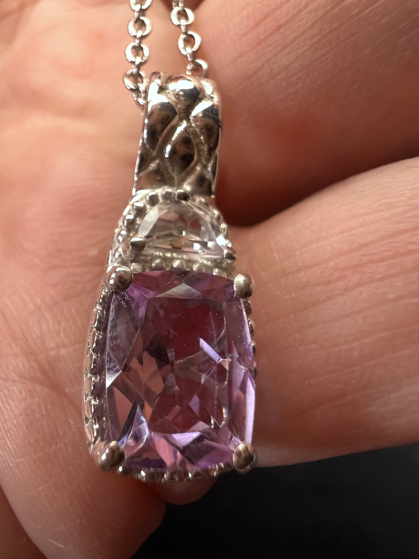 Rose de France amethyst and white topaz sterling silver pendant with stainless steel chain