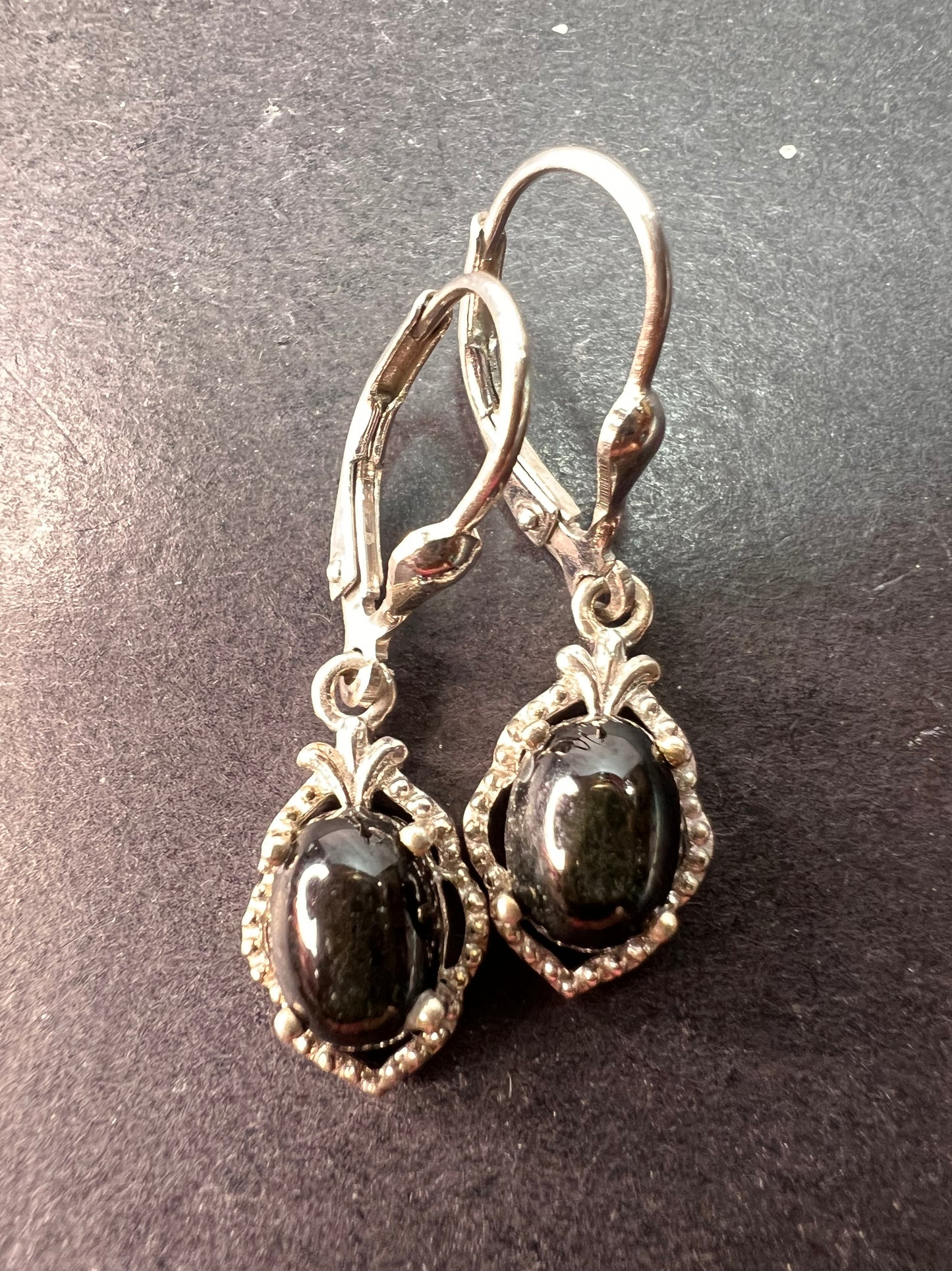 Black star sapphire sterling silver leverback earrings