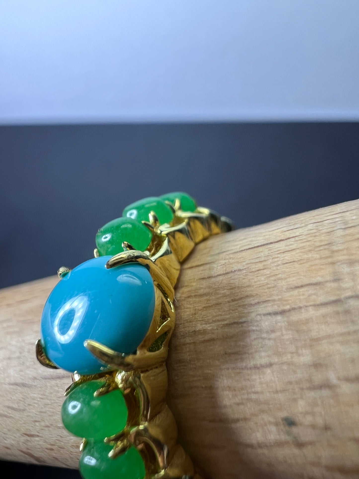 Sleeping Beauty turquoise and green jade 14k gold over silver ring size 9