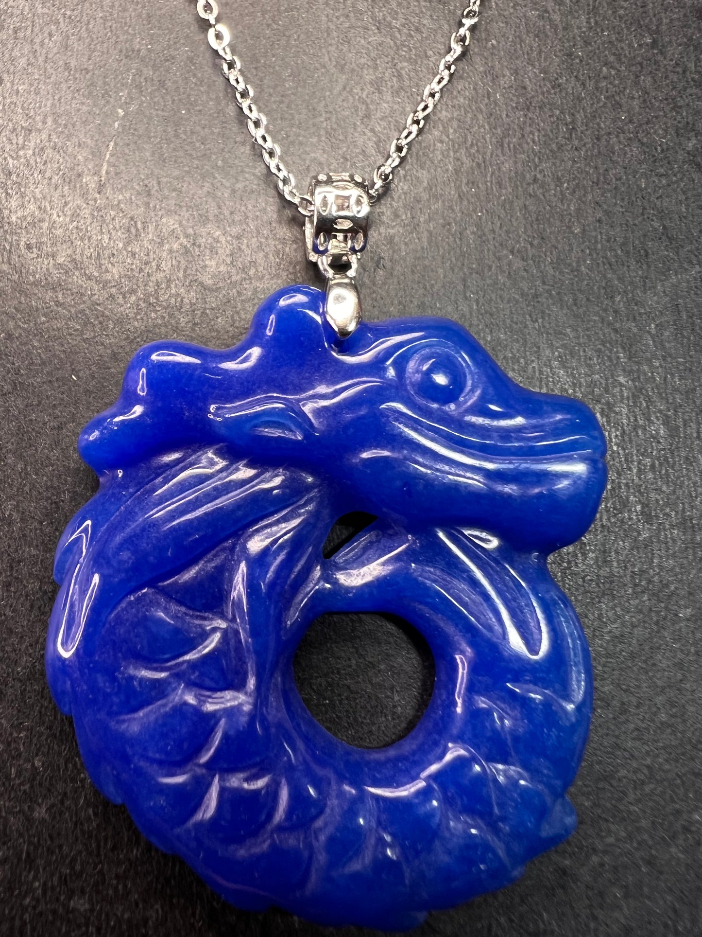 NEW Blue Jade dragon sterling silver pendant and chain