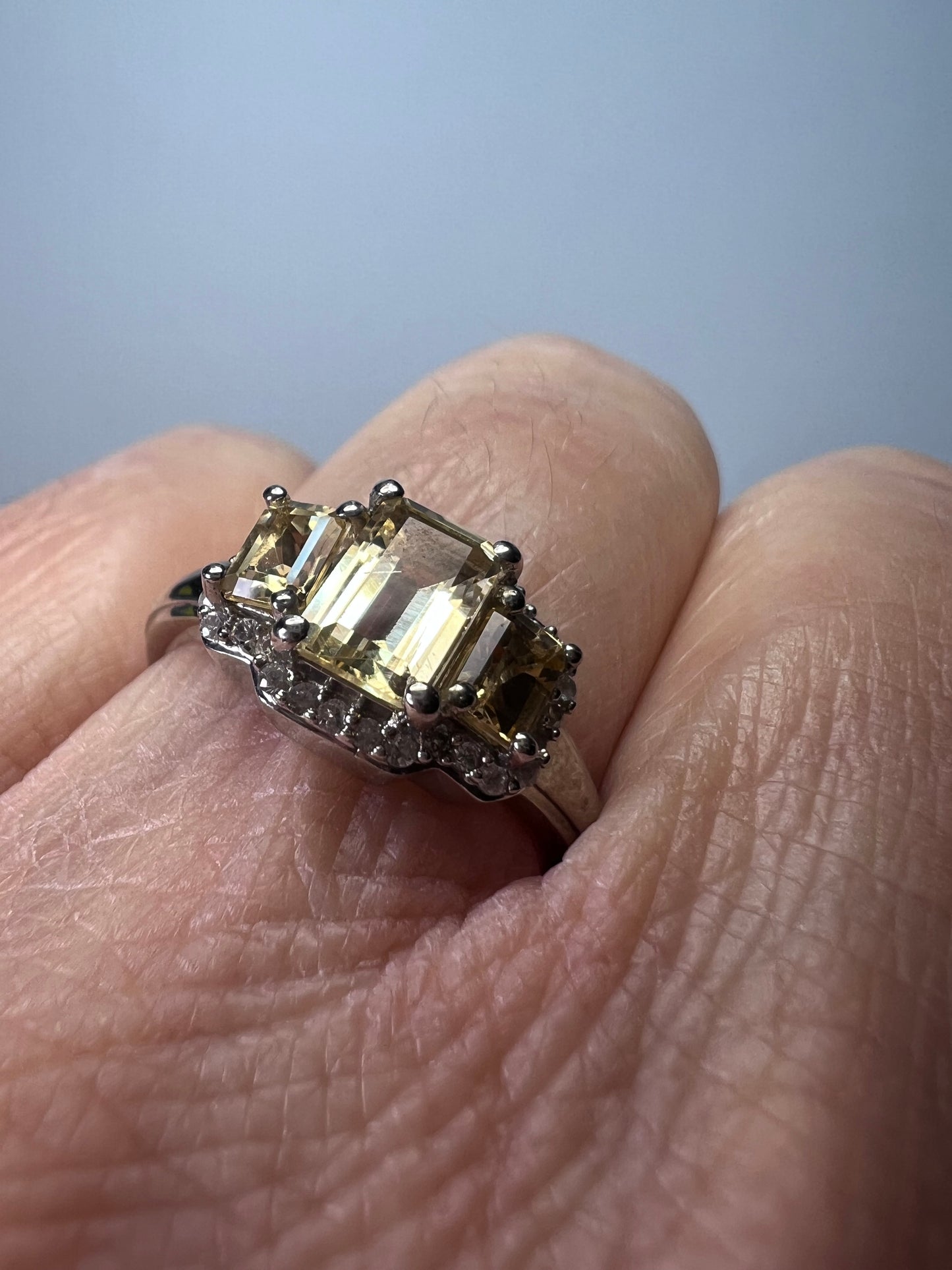 Citrine triple baguette halo ring in sterling silver size 7